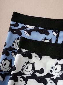 Felix The Cat X SHEIN 2 piezas Calzoncillos cómodos para hombre con estampado de dibujos animados en todo el diseño y ribete de contraste - Azul y blanco - Ver 3
