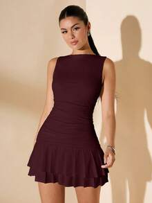 SHEIN BAE Váy mini hai lớp xếp ly bó sát màu trắng không tay cho nữ, phù hợp cho mùa hè, mùa thu và mùa đông - Màu Tím - Xem 3