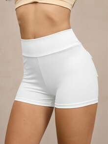 Activina Shorts deportivos de cintura ancha con bolsillo con solapa fruncido trasero - Beis - Ver 3