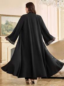 Al Najma Plusstorlek Dam Elegant Patchwork Spetsfront Öppen Abaya Morgonrock, Höst - Svart - Visa 2