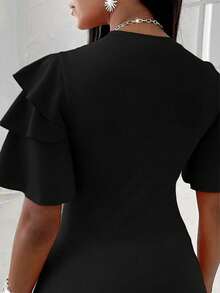 INAWLY Plus Size Women's Elegant Elegant Simple Versatile Solid Color Layered Sleeve Fitted Black T-Shirt, Summer - Black - View 2