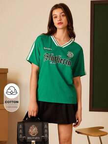 HARRY POTTER X SHEIN Áo thun sọc tương phản in chữ mùa hè dành cho nữ - màu xanh lá - Xem 8