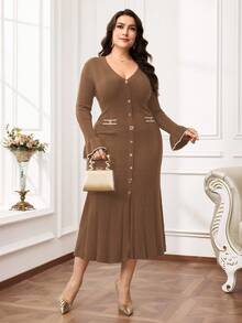 Modelyn Plus Size Elegant Bell Sleeve Knit Dress, Suitable For Commuting In Fall/Winter - Camel - View 6
