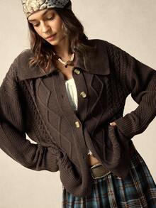 SoleilVie Áo khoác cardigan dệt kim 3D họa tiết kim cương kiểu Pháp thanh lịch dành cho nữ, màu nâu, áo cardigan dệt kim, áo cardigan cài nút, áo khoác màu nâu cho nữ. - màu nâu - Xem 6
