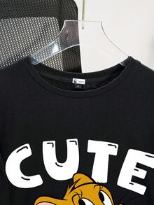 TOM & JERRY X SHEIN 卡通图案休闲宽松圆领短袖T恤，适合夏季 - 黑色 - 查看 4