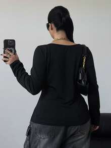 POPSWAY Áo thun dài tay ôm sát in họa tiết đen gợi cảm đa năng, trang phục mặc nhiều lớp cho mùa xuân và mùa thu - màu đen - Xem 2