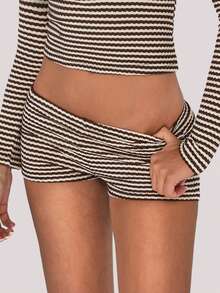 SHEIN ICON Women's Sexy Striped Textured Super Short Shorts, Suitable For Vacation In Autumn