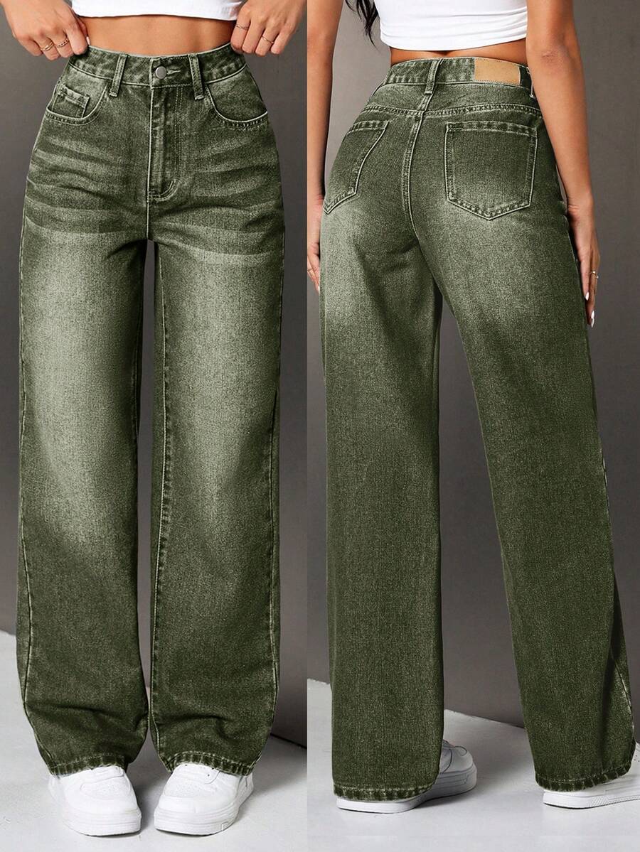 SHEIN Tall Fashionable Straight Loose Fit Jeans With Belt Loops, Tall Women - Green - View 1