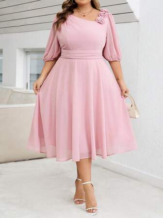 SHEIN CURVE+ 大码优雅通勤紫色针织圆领铅笔袖主教袖撞色领撞色网纱紧身连衣裙中长短袖大码优雅女装套装夏季女装优雅女装夏季连衣裙春季连衣裙/2026/新年