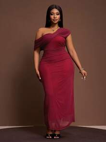 Veslaya 2026 Nouvelle robe élégante et sexy pour le printemps/automne, robe pour femme pour l'automne, soirée, élégante, tenue de boîte de nuit, maille sexy, automne, robe maxi pour un rendez-vous, gala, sortie entre copines, anniversaire, banquet. Robe maxi ample et élégante, sans manches, avec épaules dénudées, torsade, étole en maille, partiellement froncée, grande taille, couleur bordeaux - Rouge foncé - Voir 5