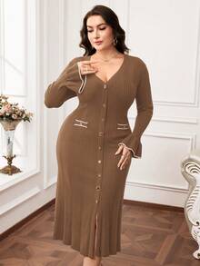 Modelyn Plus Size Elegant Bell Sleeve Knit Dress, Suitable For Commuting In Fall/Winter - Camel - View 1