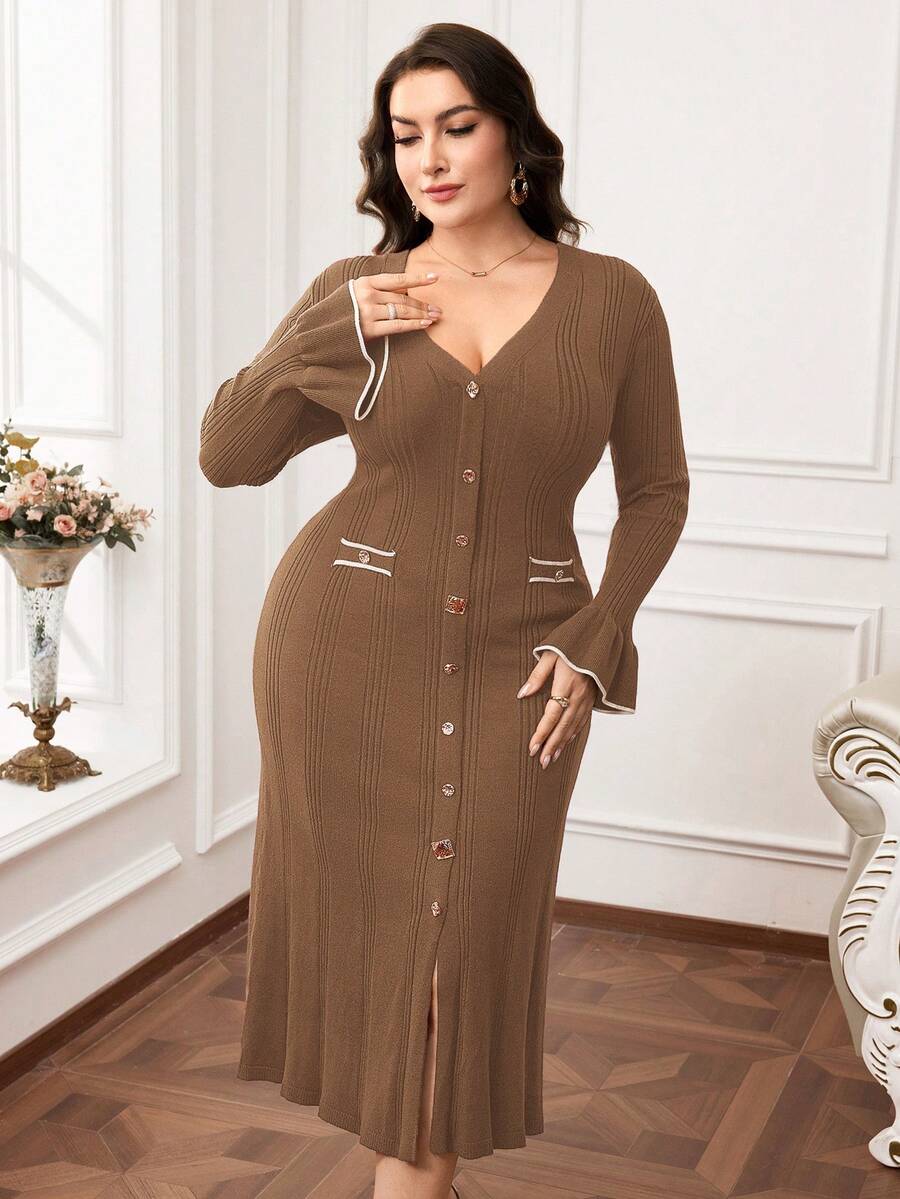 Modelyn Plus Size Elegant Bell Sleeve Knit Dress, Suitable For Commuting In Fall/Winter - Camel - View 1