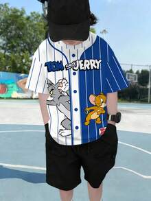 TOM & JERRY X SHEIN Tween Boy Summer Casual Colorblock Striped Cartoon Graphic Tee