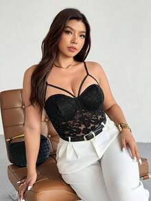 Firerie Plus Size Adjustable Fishbone Cup Leopard Print Bodysuit,Black,Summer,70's,Night Out Club,Party,Elegant For Workplace,Refined Afternoon Tea,Prom, - Black - View 2