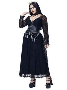 Coolane Plus Size  Spring/Summer Going Out Date Night Rave Outfit Renaissance Fair Club Outfits Party Hippie Goth Y2K Lace  Formal Evening Gown Black Midi Dress - Black - View 2