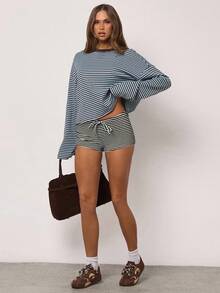 SHEIN BAE 女士时尚性感条纹系带短裤 - 黑色 - 查看 4