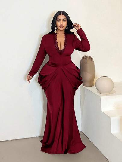 Maweii Sexy V-Neck Long Sleeve Waist Cinched Dress, Plus Size Formal Gown