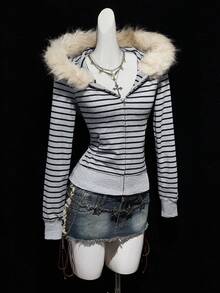 SHEIN ICON 女士Y2K斑马纹抓绒连帽拉链修身休闲长袖卫衣，冬季女装，秋季女装，动漫女装 - 灰色 - 查看 7