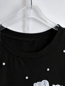 SHEIN Tall CURVE 大码女式夏季炮筒珠饰圆领短袖T恤 - 黑色 - 查看 5