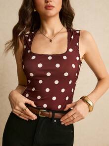 Poéselle 女士波点背心，方领无袖修身复古印花背心，时尚复古风，适合日常穿着、约会之夜、夏季休闲外出等场合，女士方领波点印花修身时尚背心 - 棕色 - 查看 1