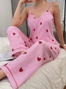 Dream Adore Cute Women's Pink Striped Two Piece Pajama Set With Heart Pattern Spaghetti Strap Camisole And Long Pants - Pink - View 4