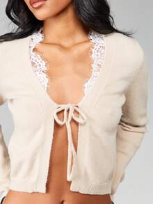 MISSGUIDED Cárdigan con mangas de punto y detalle de encaje en el frente, abierto al frente, ideal para capas en otoño e invierno - Albaricoque - Ver 3