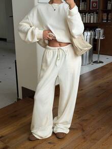 Muchica 2 pièces Ensemble femme top ample à manches longues et épaules dénudées, et pantalon, couleur unie, style décontracté