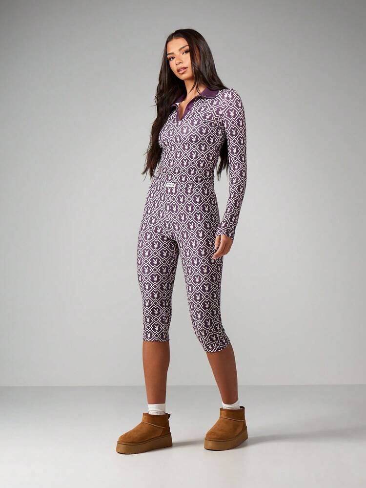 Missguided x Playboy Purple Geometric Pattern High Waisted Capri Leggings With Logo Print