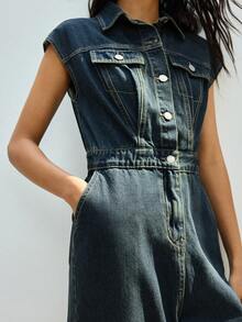 Maija Bộ jumpsuit denim nữ tay ngắn cài cúc nửa thân, kiểu dáng thường ngày, trang phục công sở thanh lịch, thích hợp cho ngày lễ tình nhân, tiệc tùng hoặc các dịp lễ hội. - Rửa tối - Xem 5