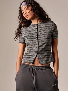 AiiRZ Short Sleeve Button Front Knit Top With Horizontal Stripes And Round Neckline For Casual Everyday Wear - Dark Grey - View 1