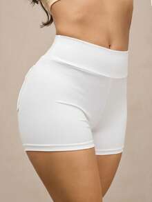 Activina Shorts deportivos de cintura ancha con bolsillo con solapa fruncido trasero - Beis - Ver 5