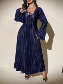 Viva Relle Vestido elegante de fiesta con cuello en V, mangas acampanadas y lazo delantero para mujer de talla grande - Azul - Ver 6