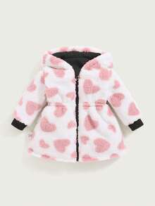 SHEIN 2 قطعة/عبوة معطف طويل مزين بالقلوب للفتيات الرضع، قابل للعكس، سميك من الفليس للخريف/الشتاء، ملابس خارجية دافئة - الأسود - مشاهدة 7