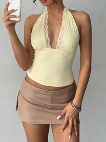 Aloruh 女士纯色露背蕾丝性感吊带背心 - 淡黃色 - 查看 5