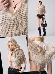 ROMWE EDITION Y2K性感孔雀仿毛皮露背连帽女式上衣 - 淺灰色 - 查看 1