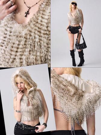 Grunge Punk Y2K sexy Pfau Kunstfell rückenfrei Kapuzenweste für Frauen