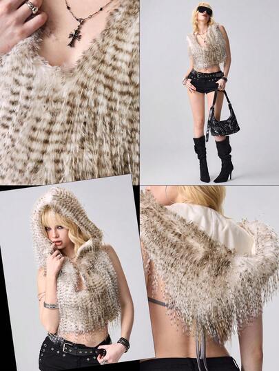Grunge Punk Y2K Sexy Peacock Faux Fur Backless Hooded Vest For Women