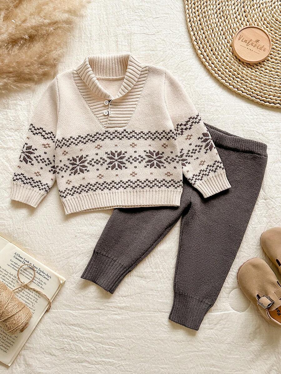 男婴雪花提花针织毛衣和裤子休闲套装 - 彩色 - 查看 1