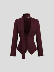 SHEIN Glamour 红色V领收腰宽松休闲套装，女士优雅时尚办公通勤百搭套装 - 酒紅色 - 查看 10