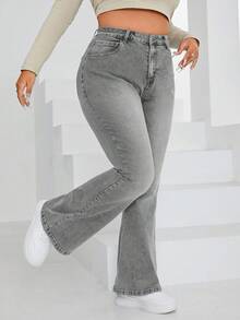 Jeanoix Plus Size Women Pockets Button Slim Fit Flared Jeans, Versatile For Daily Wear - Grey - View 1
