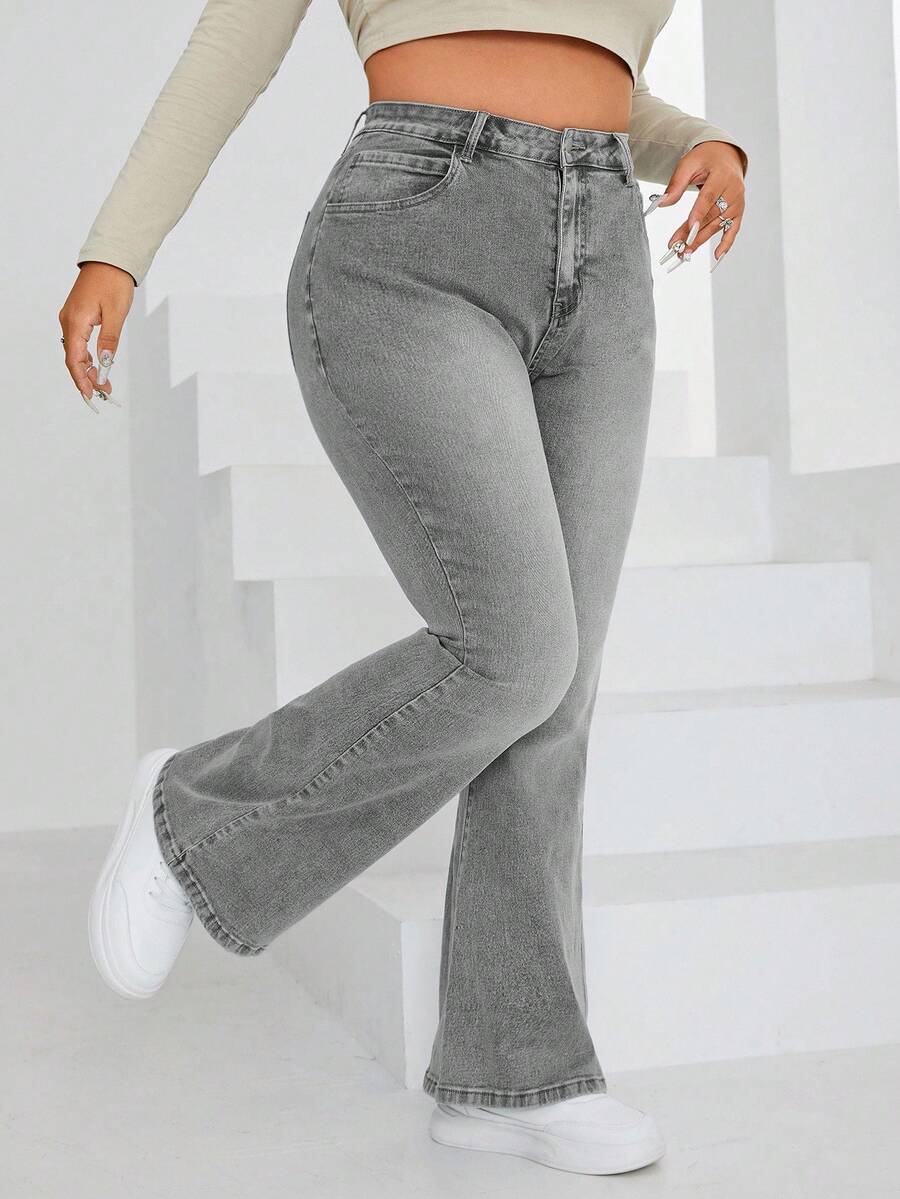 Jeanoix Plus Size Women Pockets Button Slim Fit Flared Jeans, Versatile For Daily Wear - Grey - View 1