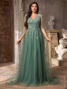 Aureia Plus Size Elegant Romantic Dark Green Deep V Luxurious Embroidered Lace Contrast Mesh Multi-Layer Maxi Dress, Long Sleeve, A-Line, Formal Evening Gown Teal