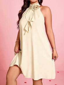 DreamSkyne 女士优雅3D立体花朵荷叶边领A字连衣裙，情人节 - 杏色 - 查看 6