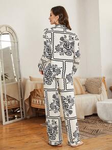 Serenescape Women's Casual Floral Print Lapel Long Sleeve Pajama Set With Pants, Black Pajama Sets For Women Long Sleeve Sleep Wear Women 2 Piece Set - Apricot - View 2