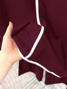 EMERY ROSE Plus Size Women's Contrast Color Trim Long Sleeve 2 Pieces Set,Burgundy Autumn Smart Casual Everyday Comfy Lounge Pajama Two Piece Set Co Ords - Burgundy - View 4