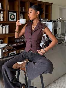 SHEIN EZwear Y2K Tops Brown Striped Woven Sleeveless Top,Tank Top - Brown - View 5