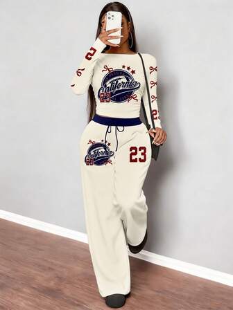 Slaydiva 2pcs Women's Brown Drawstring Casual Straight-Leg Sports Sweatpants + Solid Color Fold-Over Long Sleeve T-Shirt Set, Fall/Winter