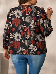 EMERY ROSE Boho Plus Size Floral Shirred V Neck Top For Women With Puff Sleeves And Regular Hem In Multicolor Woven Fabric - Multicolor - View 2