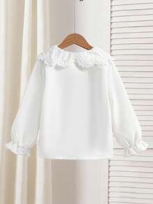 Genkimix Kids 新款时尚甜美蕾丝领白色长袖女式衬衫，百搭内搭