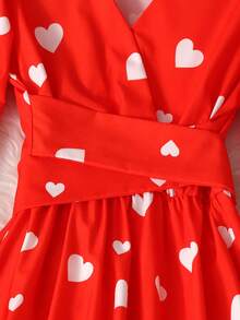 SHEIN 女士红色爱心印花蝴蝶结长袖长裤连体裤 - 紅色 - 查看 4